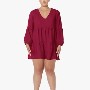 Women’s Plus Size 2XL Burgundy Red Summer V Neck Loose Long Sleeve Swing Dress